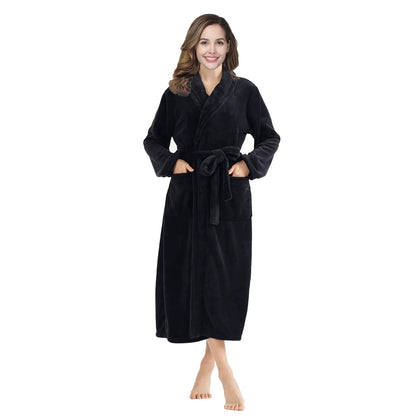Women'S Solid Color Lapel Bathrobe Autumn and Winter Models Facecloth Warm and Comfortable Long-Sleeved Robe Homewear