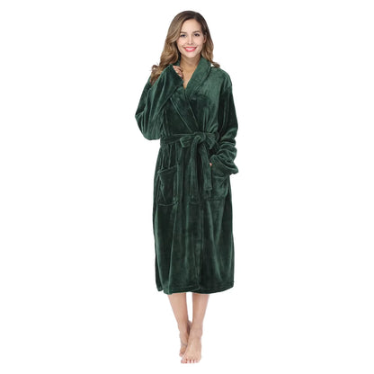 Women'S Solid Color Lapel Bathrobe Autumn and Winter Models Facecloth Warm and Comfortable Long-Sleeved Robe Homewear