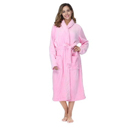 Women'S Solid Color Lapel Bathrobe Autumn and Winter Models Facecloth Warm and Comfortable Long-Sleeved Robe Homewear